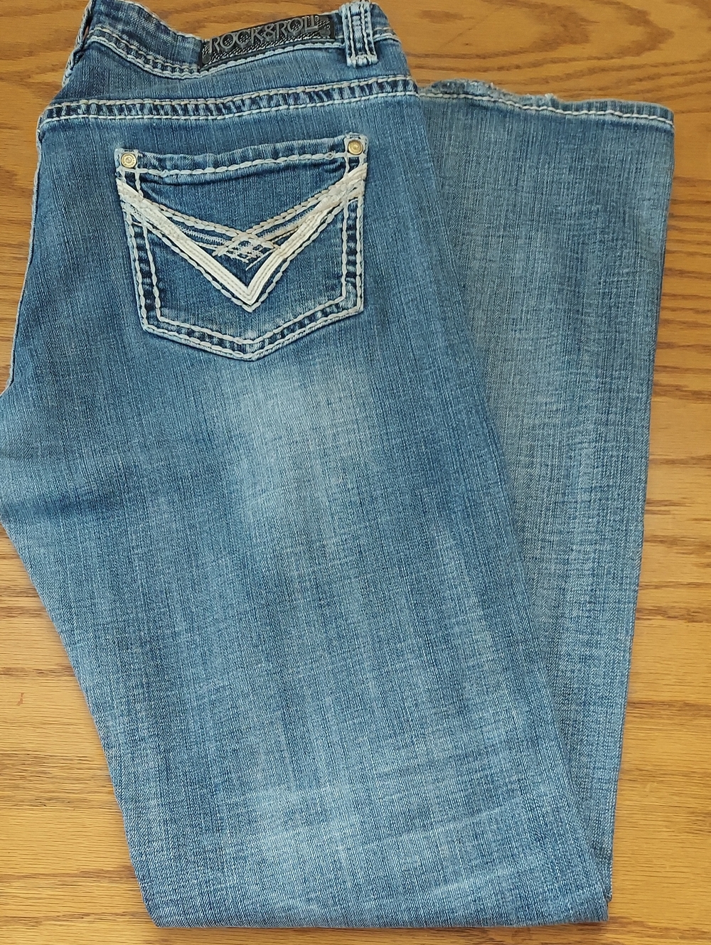 Rock & Roll Cowgirl Jeans Women's Measure 32x36 Lt Blue Wash Bootcut Riding Jean